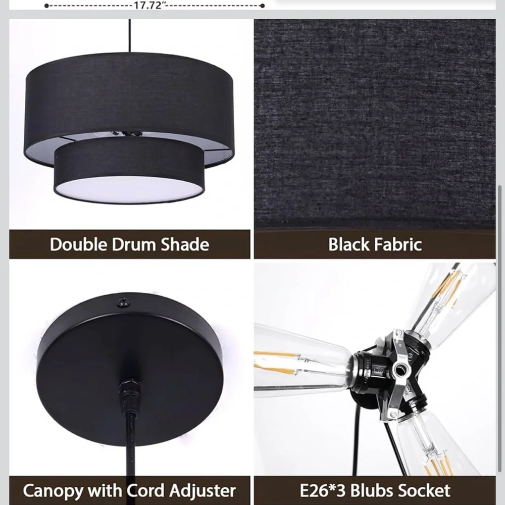 (NEW) 1 MINIMALIST Black Linen Light 18”x10” Modern Chandelier Fixture LIGHTING
